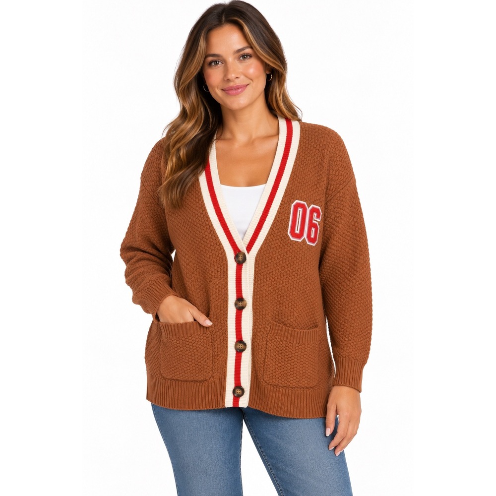 Aerie Varsity Cardigan Sweater Burnt Orange 06 Patch V-Neck Button Front Small